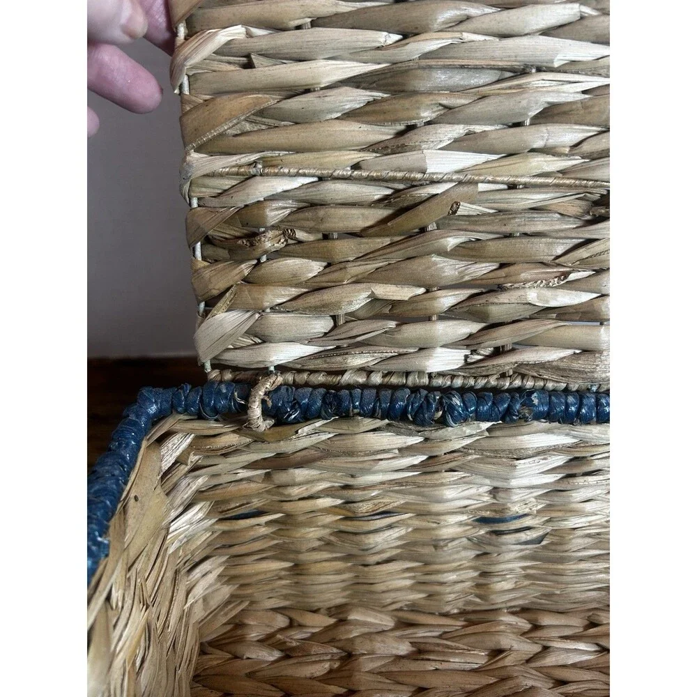 Woven Lidded Storage Basket Natural Blue Boho Bathroom Organizer Decorative Box